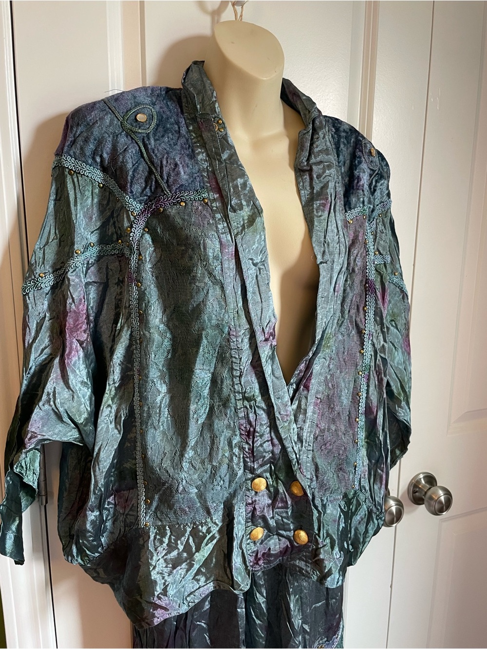 Vintage  Jane Ashley Watercolor Crinkle Two Piece Set Large 1980s Purple Green